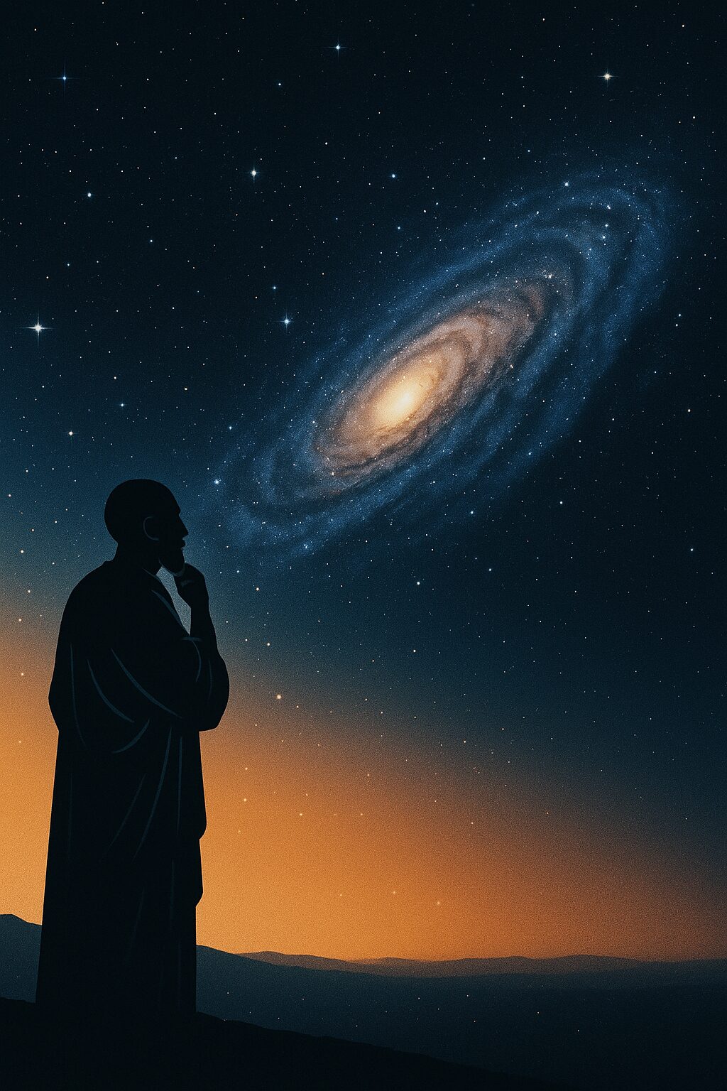 宇宙を見上げる古代哲学者のシルエットと、夜空に輝く渦巻銀河のデジタルアート