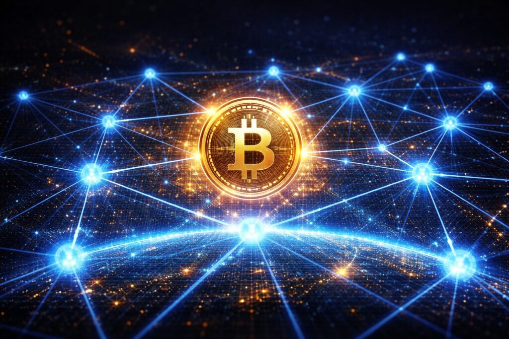 ビットコインのグローバルネットワークをイメージしたイラスト分散した光