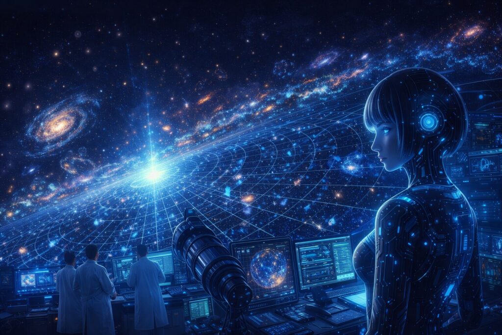 宇宙膨張をイメージした宇宙と観測者たちノイメージイラスト