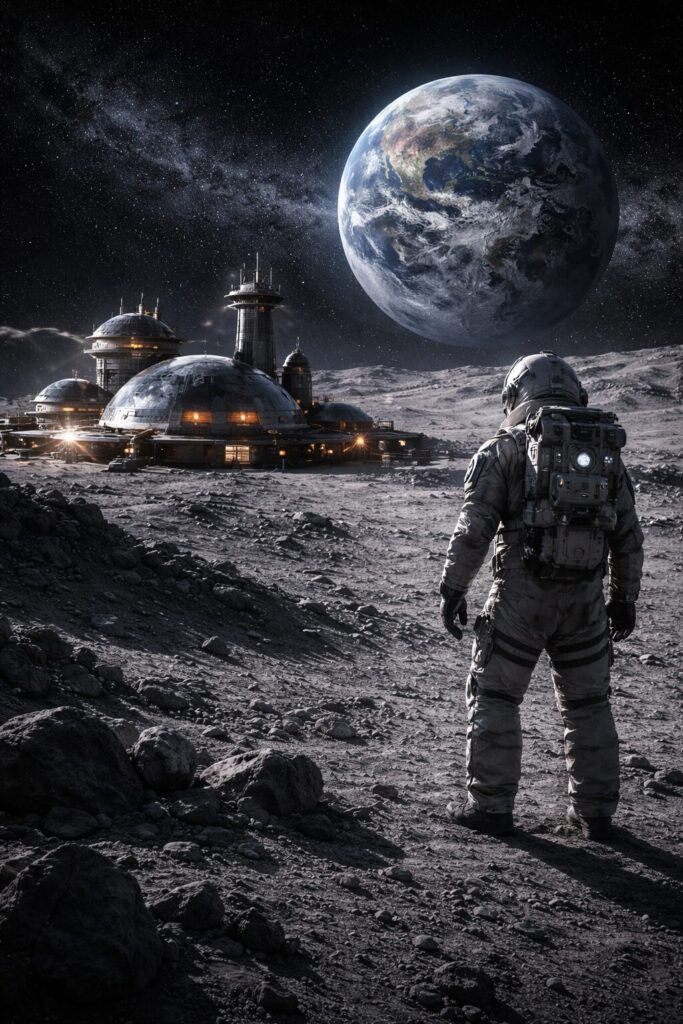 宇宙服を着た人間が月面基地を見上げる後ろ姿（壮大で孤独感のある演出）