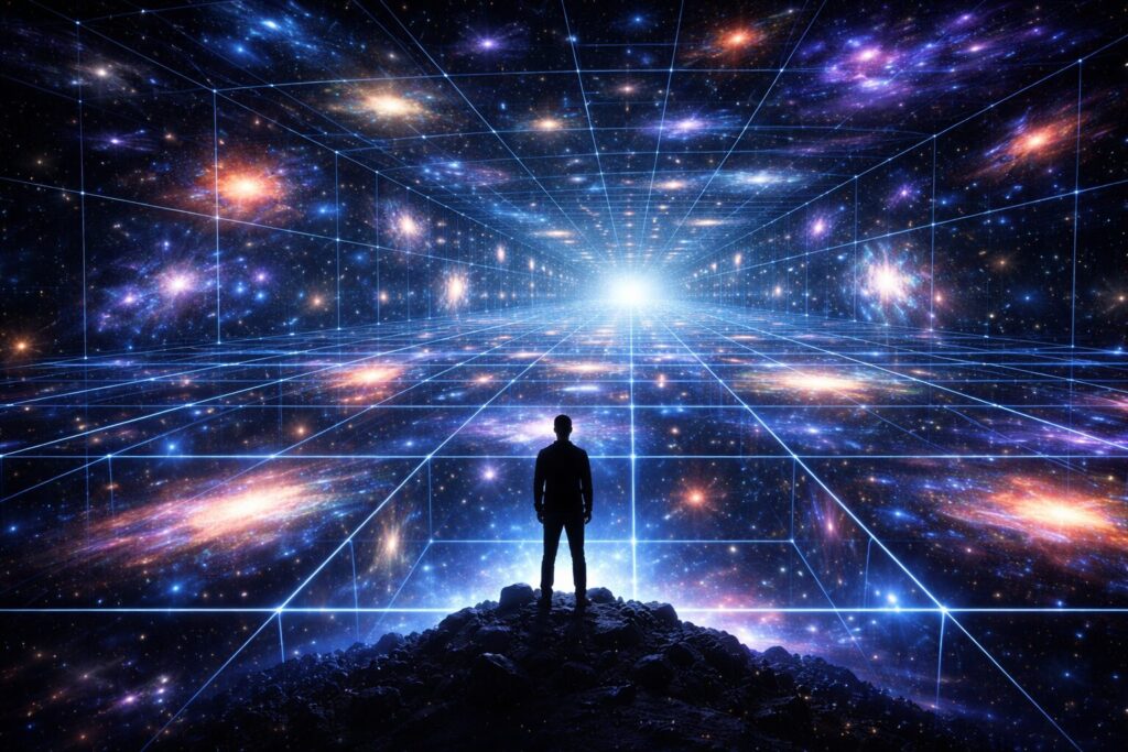 無限に広がるように見える宇宙を眺めている人影
