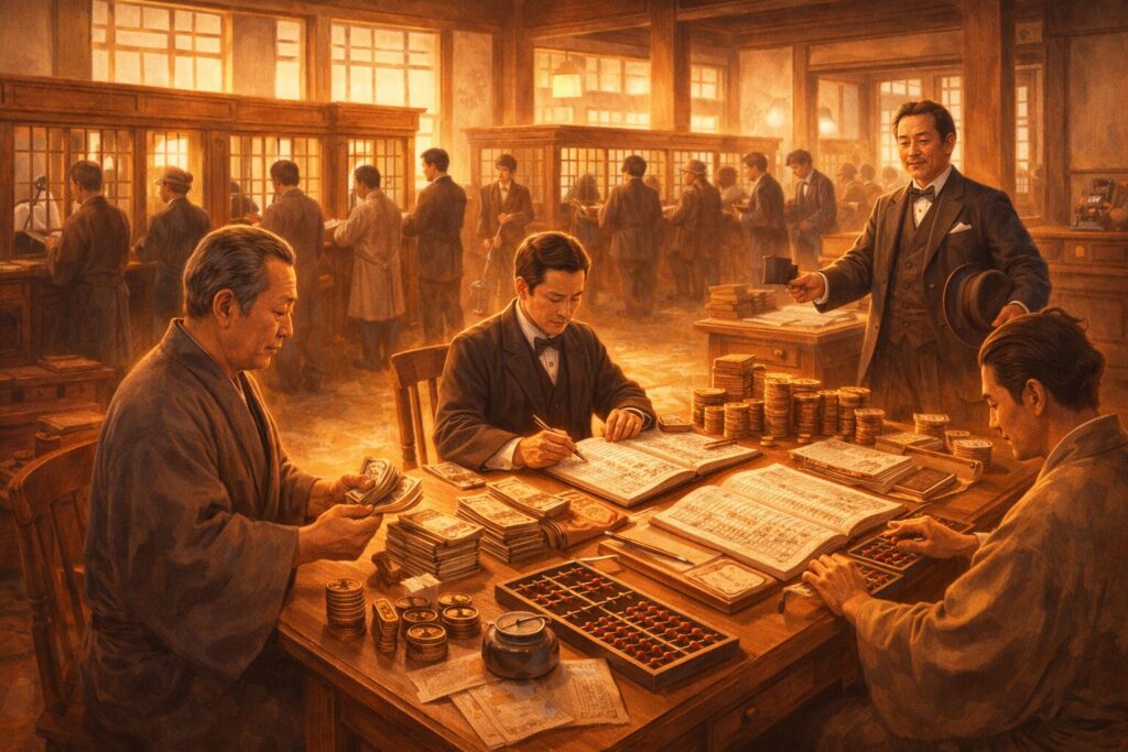 明治時代の銀行の室内で仕事に従事る人たちのイラストイメージ