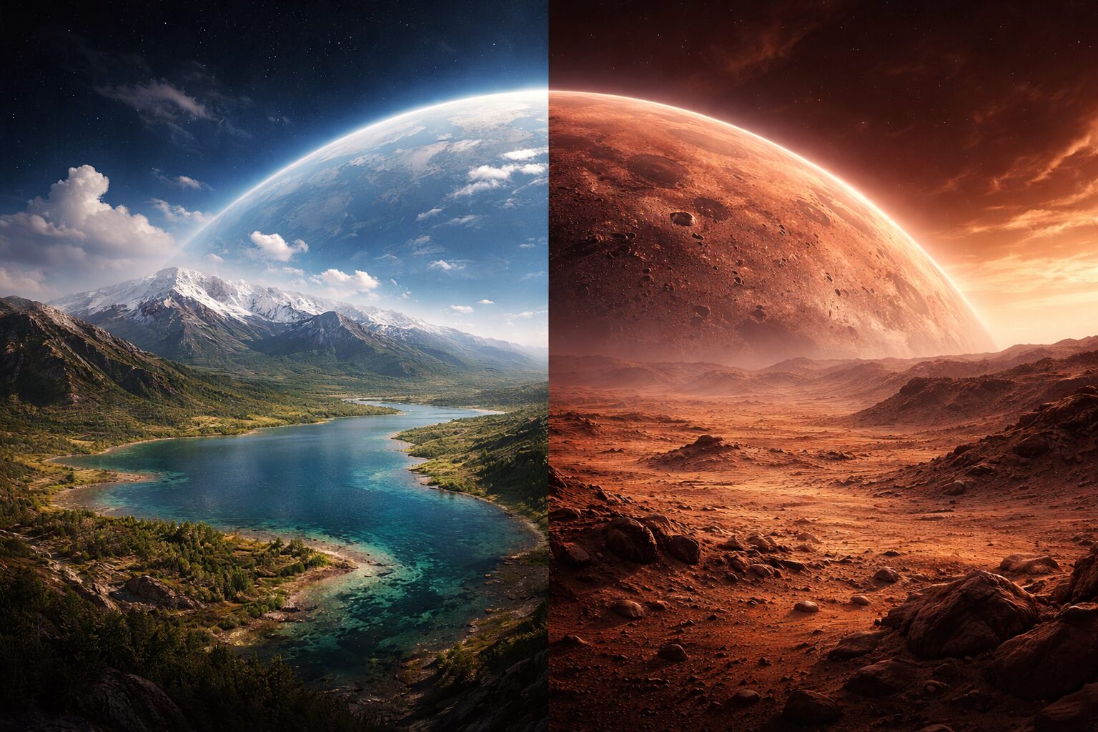古代の火星と現在の火星の対比イメージイラスト