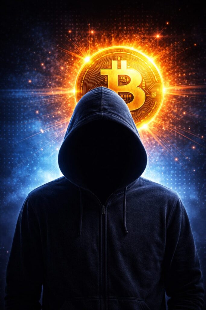 暗闇の中のビットコインロゴ、フードを被った正体不明の人物イラスト