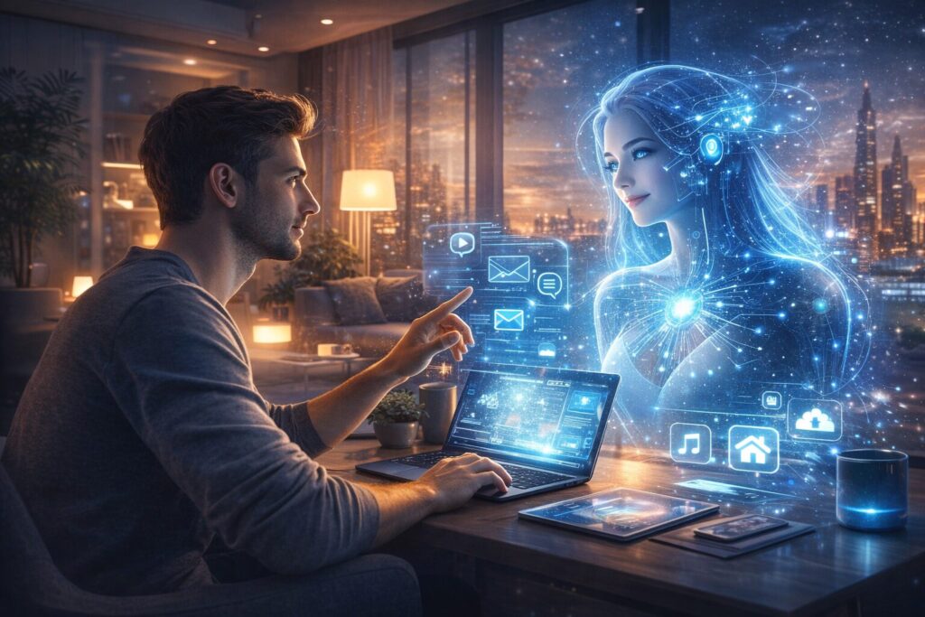 ホログラム化されたAIが現実世界に映し出されている未来をイメージしているイラスト