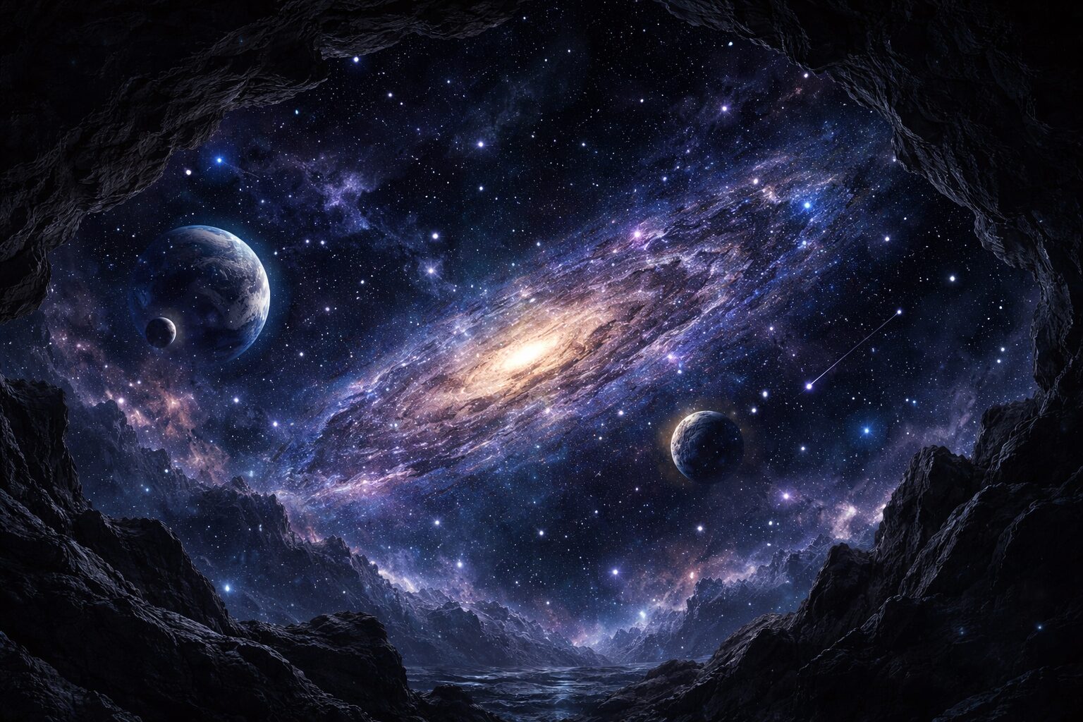 洞窟から宇宙を眺めてるイメージ