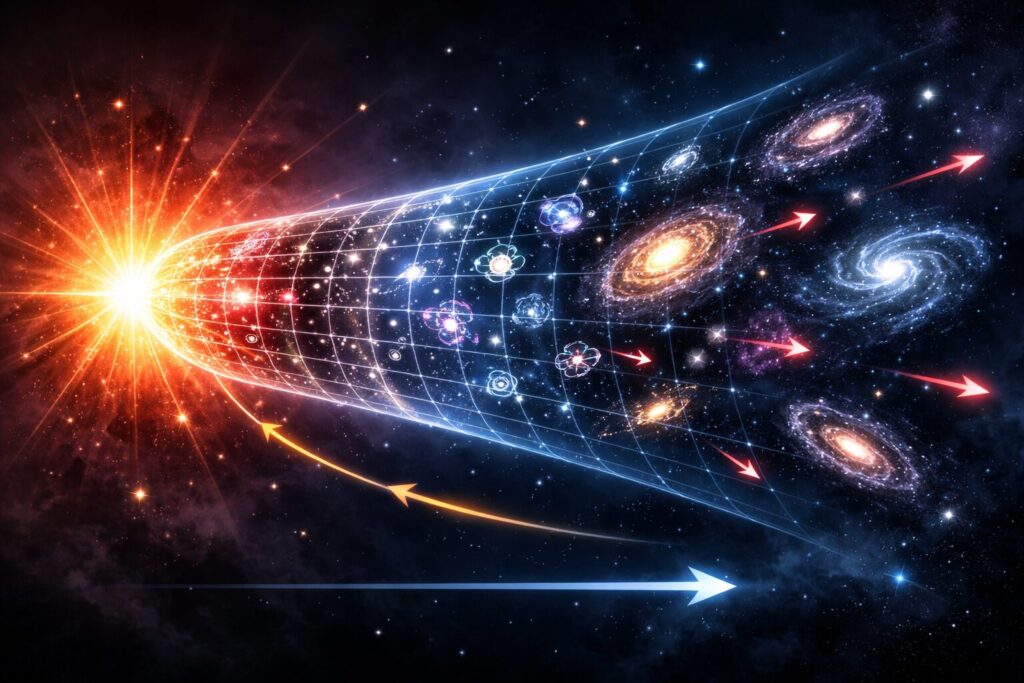 宇宙膨張を示す無数の銀河が広がるイメージイラスト