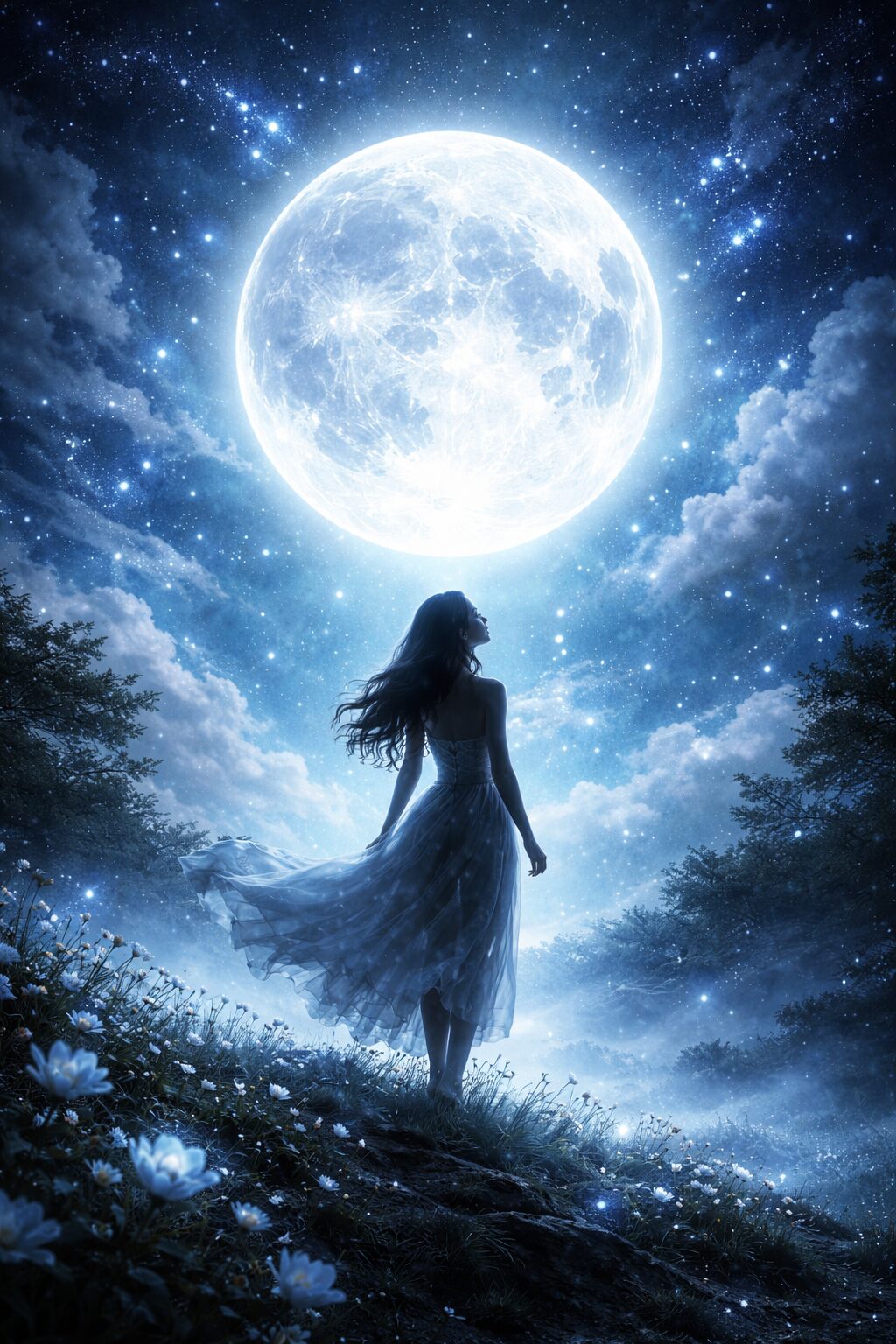 神話的幻想的な月と風景がバックにたたずむ女性