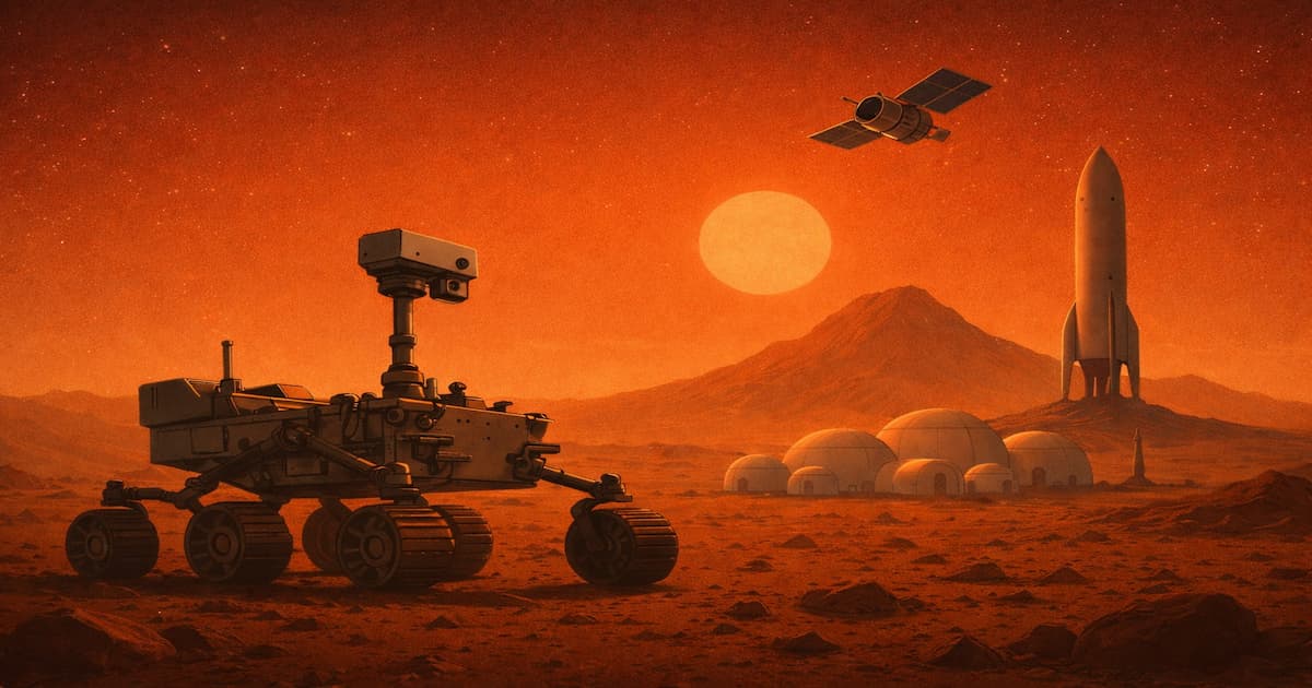 火星の大地を探査機が調査しているイメージ